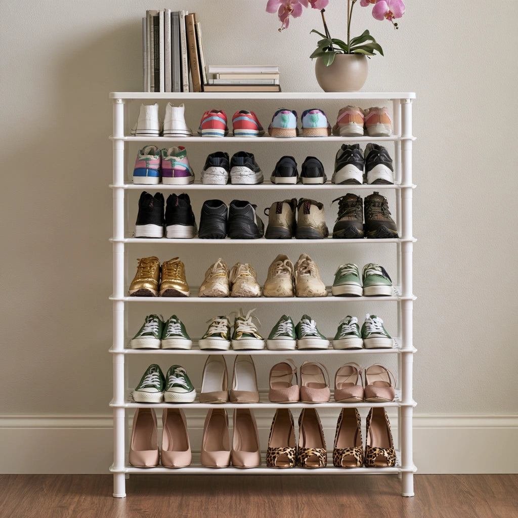 Biały regał dziesięciopoziomowy, o nowoczesnej formie, kolor: biały